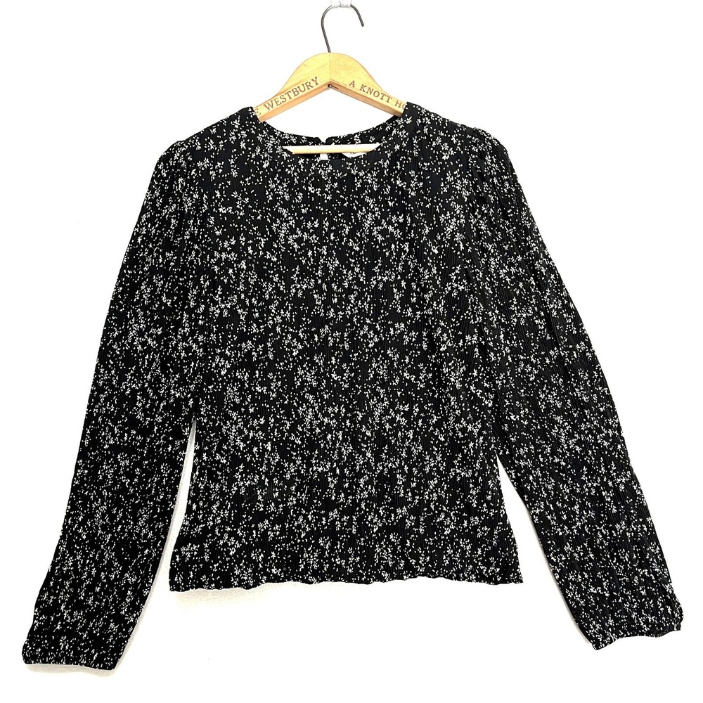 Reitmans Women Black White Floral Plisse Long Sleeve Blouse Round Neck Large